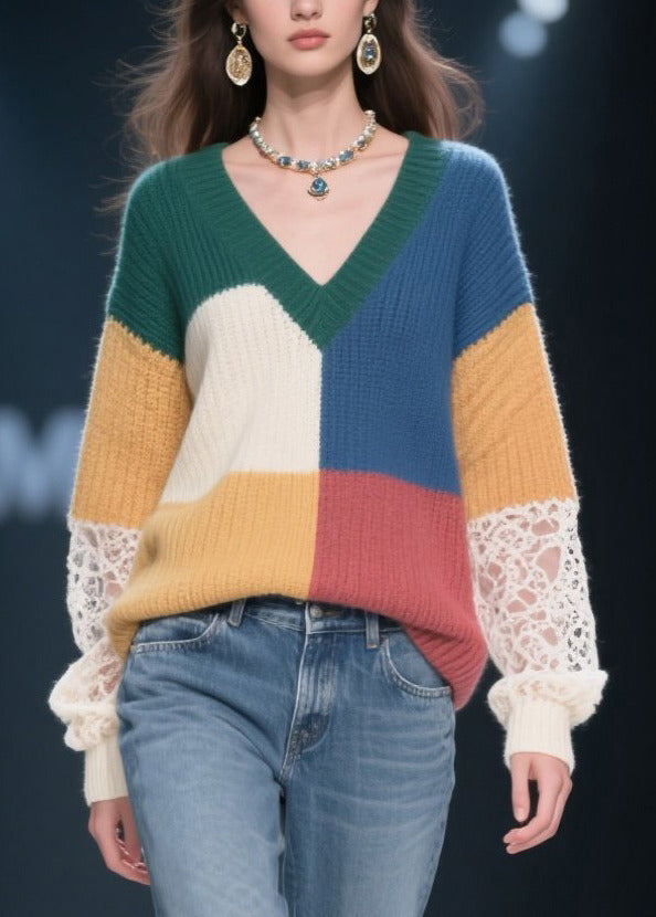 Multicolor V Neck Patchwork Lace Knit Pullover Fall