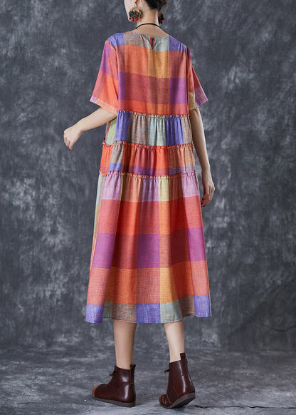 Multicolour Plaid Ruffled Cotton Long Dress Summer