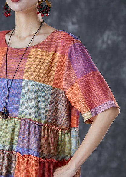 Multicolour Plaid Ruffled Cotton Long Dress Summer
