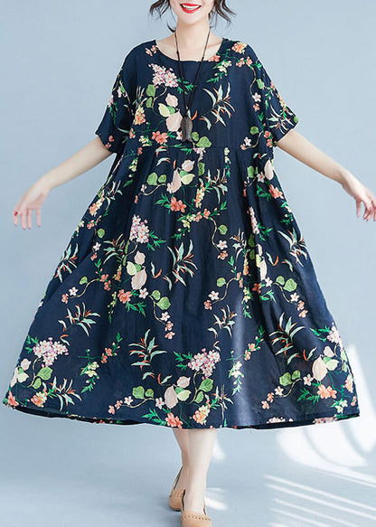 Navy O-neck Zippered Pocket Print Dresses Short Sleeve