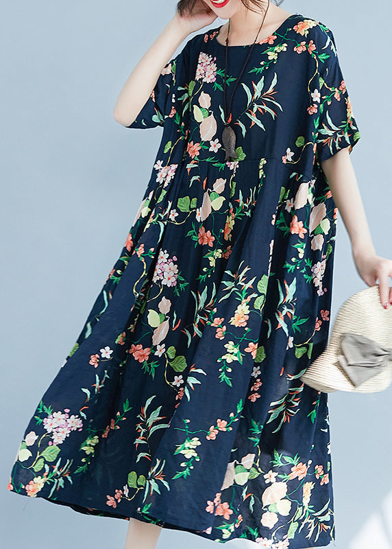 Navy O-neck Zippered Pocket Print Dresses Short Sleeve