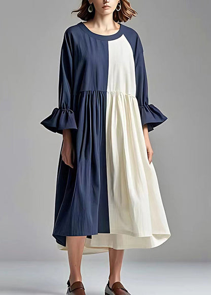 Navy Oversized Patchwork Cotton Pleated Dress Flare Sleeve
