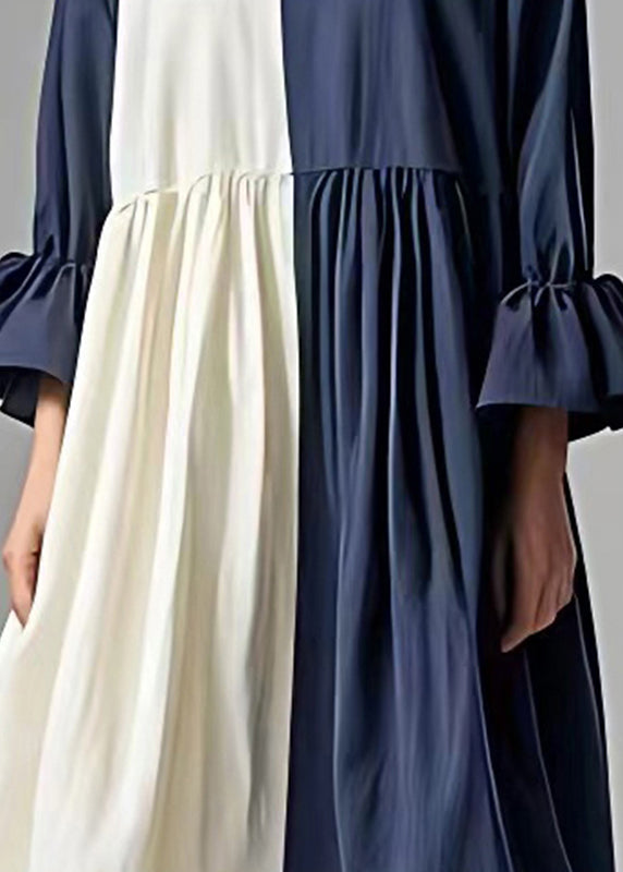 Navy Oversized Patchwork Cotton Pleated Dress Flare Sleeve