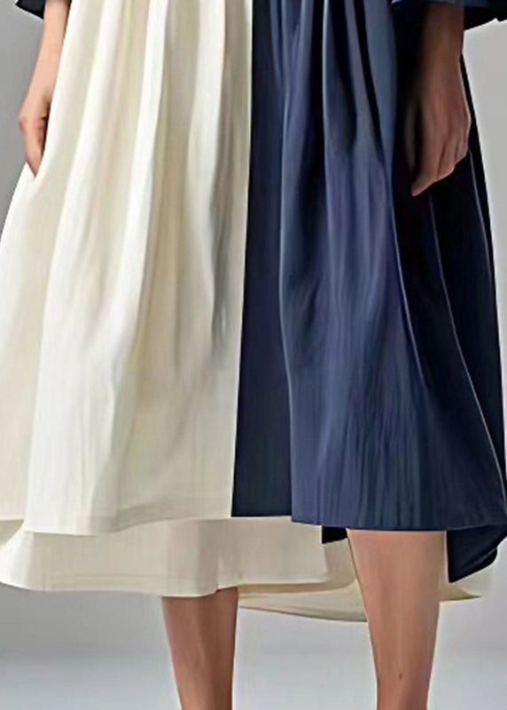 Navy Oversized Patchwork Cotton Pleated Dress Flare Sleeve