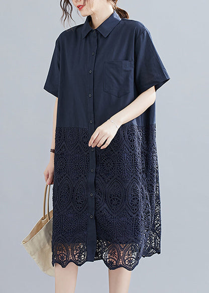 Navy Peter Pan Collar Button Lace Patchwork Hollow Out Shirt Dress Short Sleeve