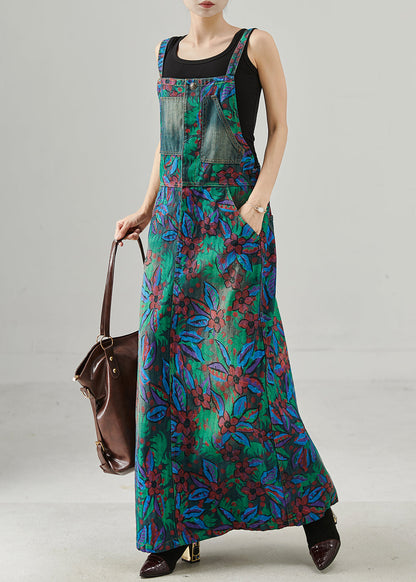 Navy Print Denim Overalls Dress Fall
