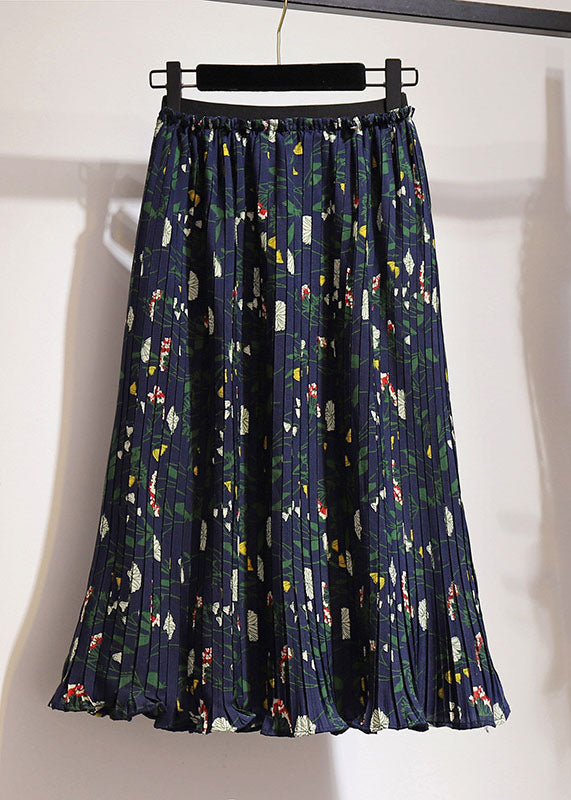 Navy Print High Waist Patchwork Chiffon Pleated Skirt Summer