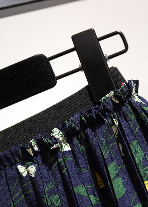 Navy Print High Waist Patchwork Chiffon Pleated Skirt Summer
