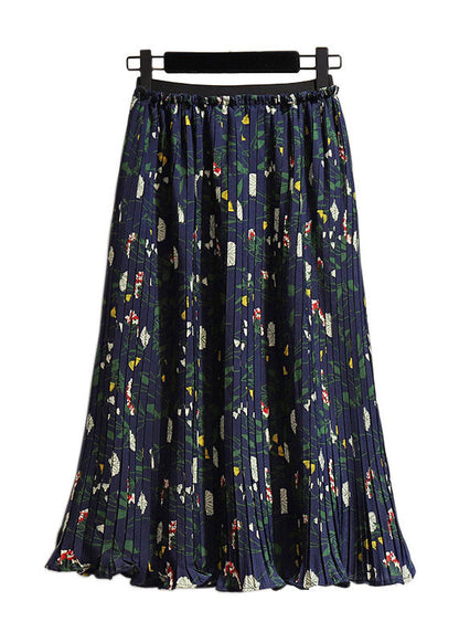 Navy Print High Waist Patchwork Chiffon Pleated Skirt Summer