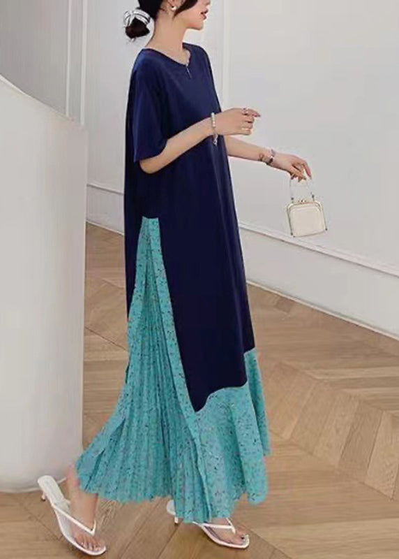 Navy Print Patchwork Fake Two Pieces Maxi Dresses Short Sleeve