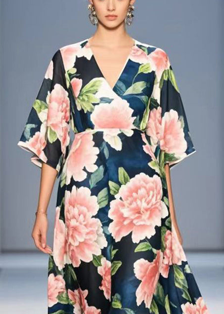 Navy V Neck Chiffon Long Dress Summer