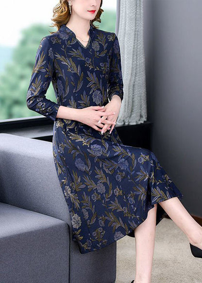 Navy V Neck Print Slim Fit Long Dresses Bracelet Sleeve