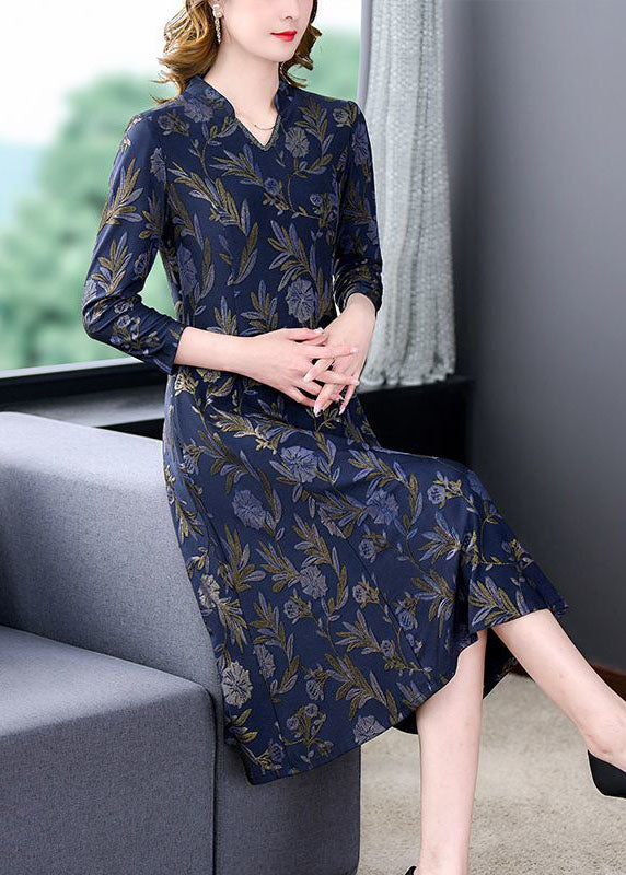 Navy V Neck Print Slim Fit Long Dresses Bracelet Sleeve