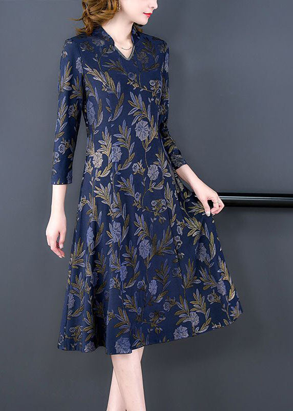 Navy V Neck Print Slim Fit Long Dresses Bracelet Sleeve