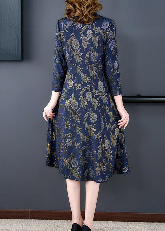 Navy V Neck Print Slim Fit Long Dresses Bracelet Sleeve
