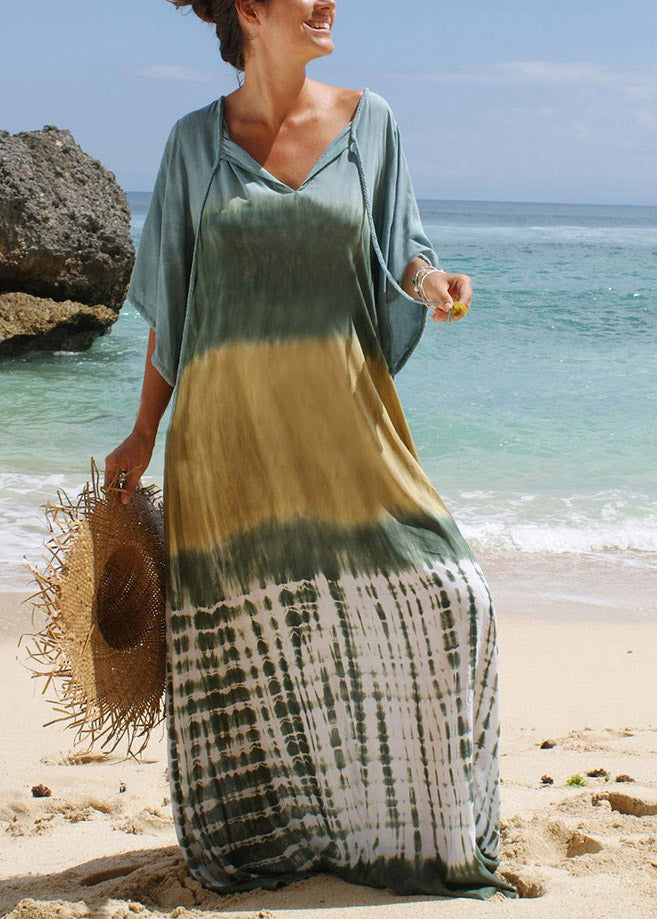 Neck Tie Print Long Beach Dress Short Sleeve