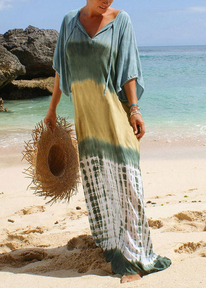 Neck Tie Print Long Beach Dress Short Sleeve