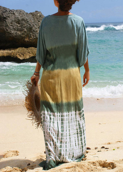 Neck Tie Print Long Beach Dress Short Sleeve