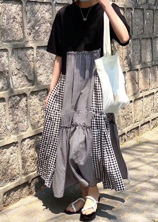 O-neck Asymmetrical Plaid Mosaic Dress