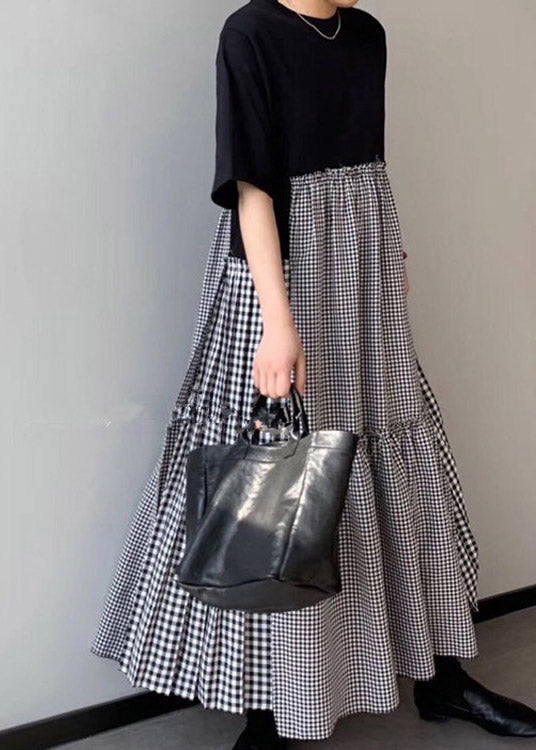 Red Print O-neck Asymmetrical Plaid Mosaic Dress