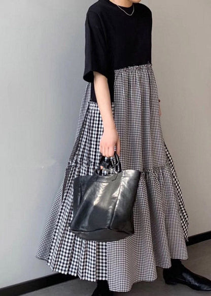 Red Print O-neck Asymmetrical Plaid Mosaic Dress