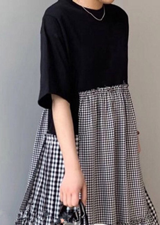 Green Print O-neck Asymmetrical Plaid Mosaic Dress
