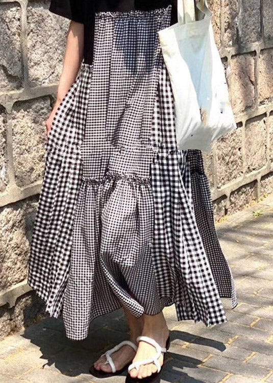 Black Print O-neck Asymmetrical Plaid Mosaic Dress