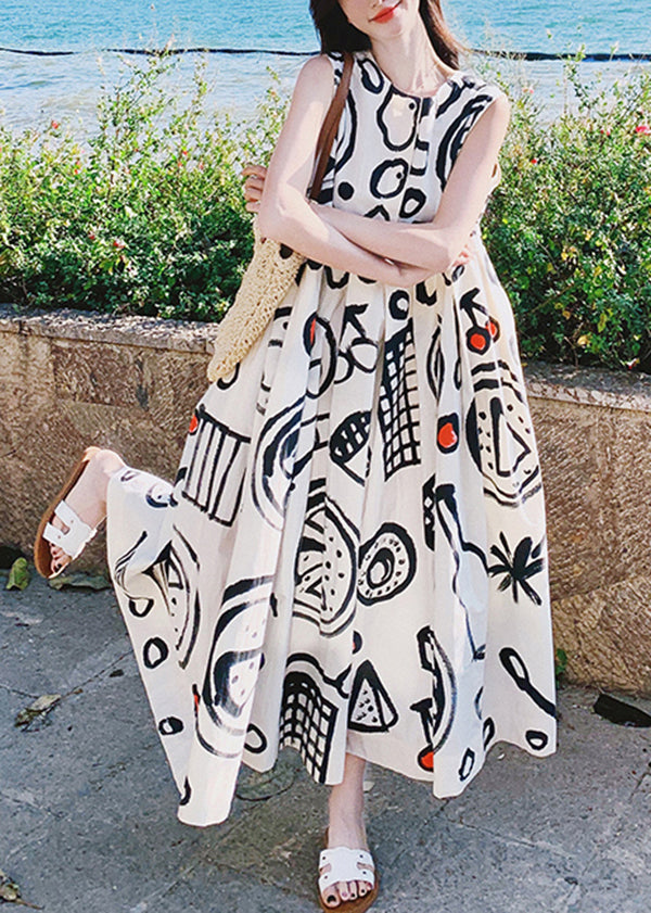 O Neck Graffiti Print Cotton Long Dress Sleeveless