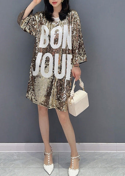 O-neck Graphic Print Sequins Mid Dress Summer