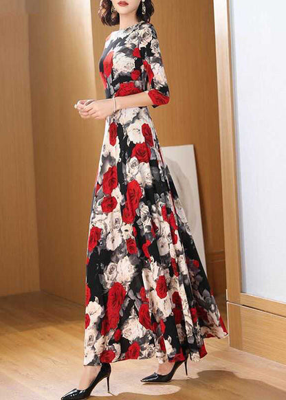 O Neck Print Chiffon Long Dress Bracelet Sleeve