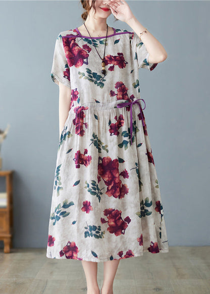O-neck Print Drawstring Tie Waist Long Dress Summer