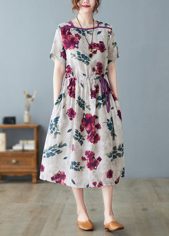 O-neck Print Drawstring Tie Waist Long Dress Summer