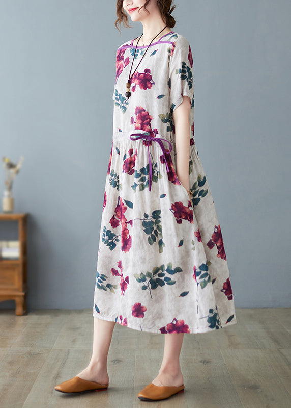 O-neck Print Drawstring Tie Waist Long Dress Summer