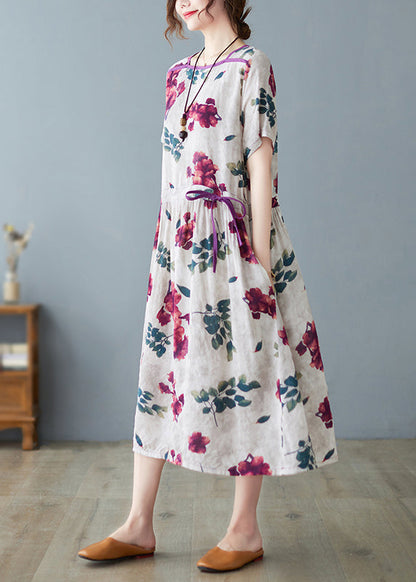 O-neck Print Drawstring Tie Waist Long Dress Summer