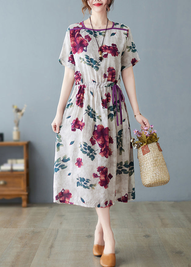 O-neck Print Drawstring Tie Waist Long Dress Summer