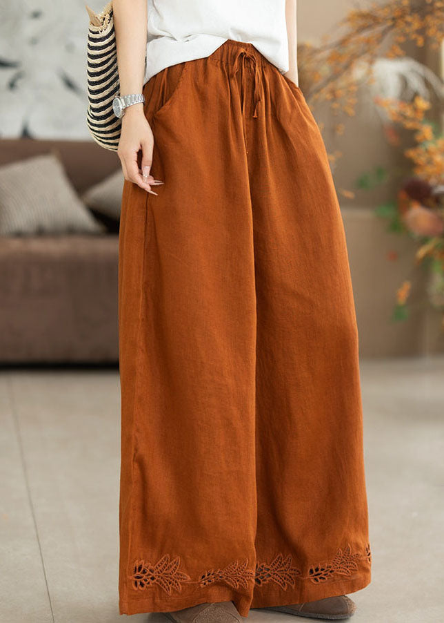 Orange Embroidered Oversized Linen Wide Leg Pants Summer
