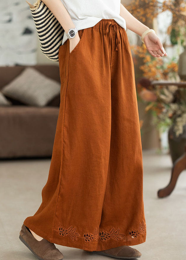 Orange Embroidered Oversized Linen Wide Leg Pants Summer