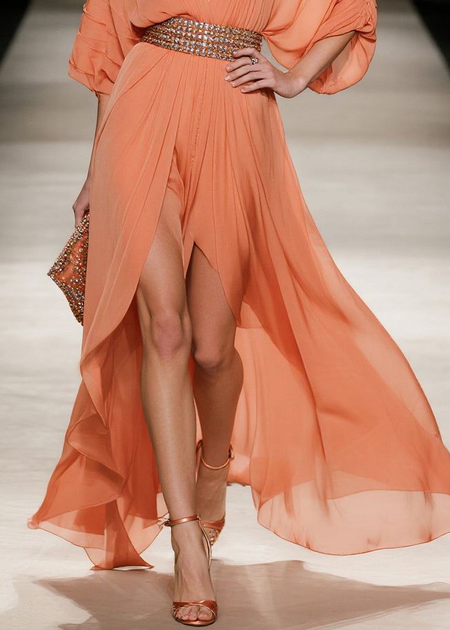 Orange Exra Large Hem Side Open Tulle Maxi Dress Summer