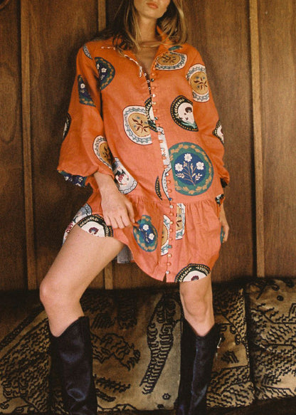 Orange Oversized Print Linen Dresses Lantern Sleeve