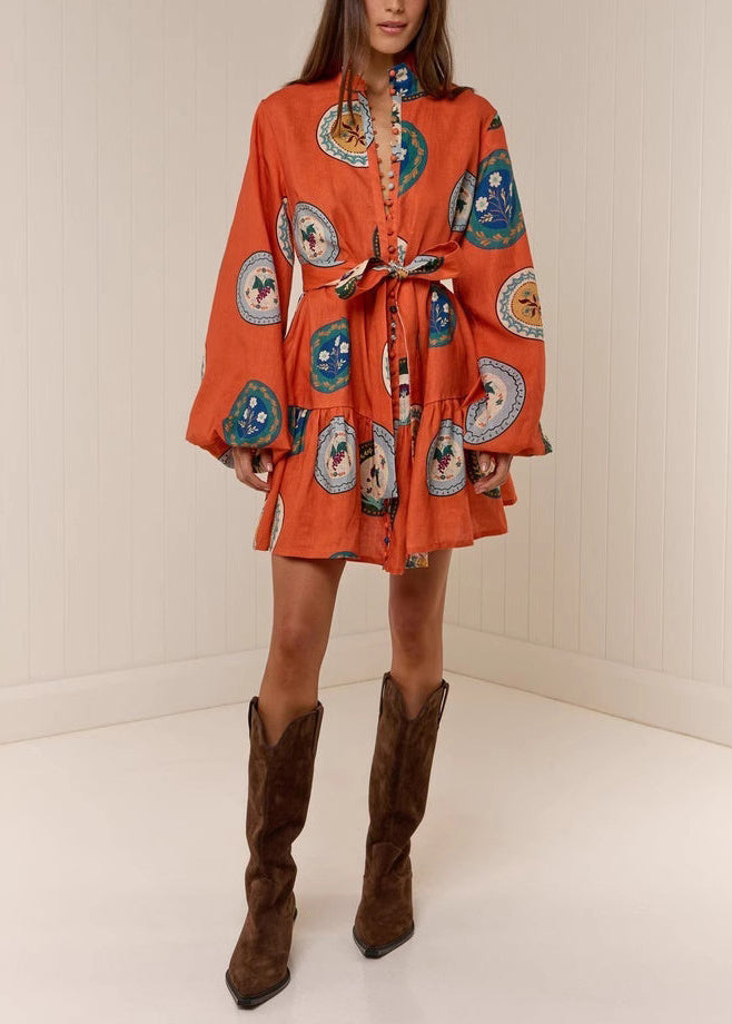 Orange Oversized Print Linen Dresses Lantern Sleeve