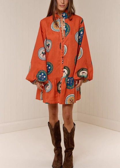 Orange Oversized Print Linen Dresses Lantern Sleeve