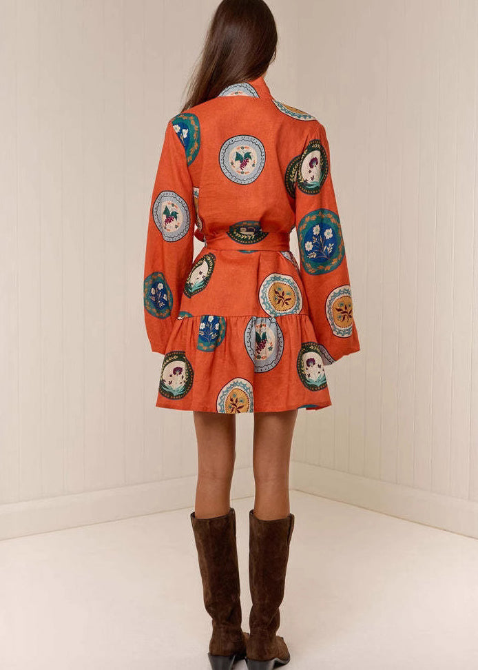 Orange Oversized Print Linen Dresses Lantern Sleeve