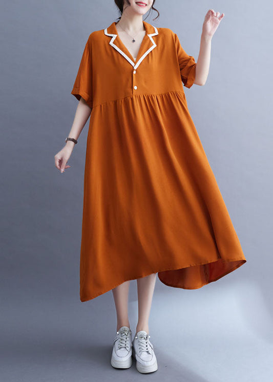 Orange Peter Pan Collar Wrinkled Patchwork Ice Silk Dress Summer