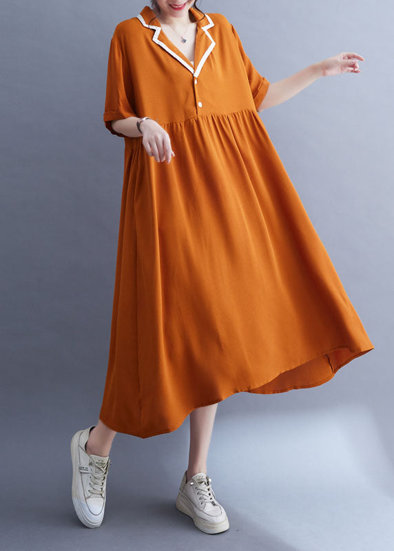 Orange Peter Pan Collar Wrinkled Patchwork Ice Silk Dress Summer