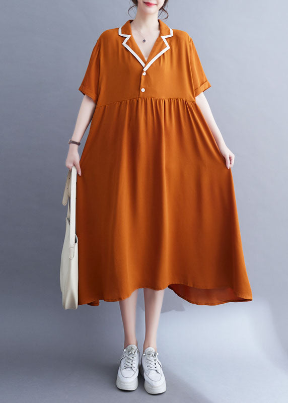 Orange Peter Pan Collar Wrinkled Patchwork Ice Silk Dress Summer