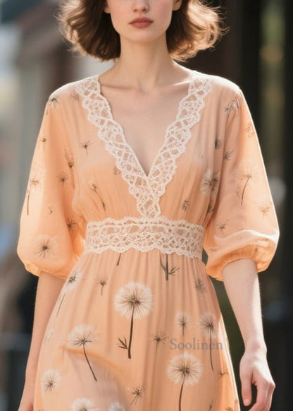Orange Print Patchwork Chiffon Long Dress Summer