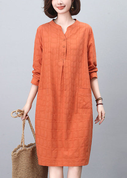 Orange Stand Collar Cotton Mid Dresses Spring