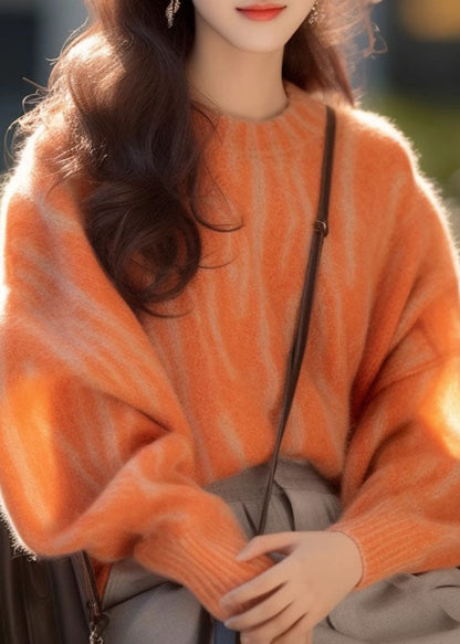 Orange Thick Cotton Knit Sweaters Long Sleeve