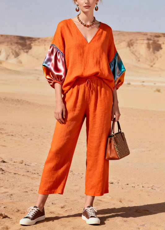 Orange V Neck Patchwork Linen 2 Piece Outfit Lantern Sleeve