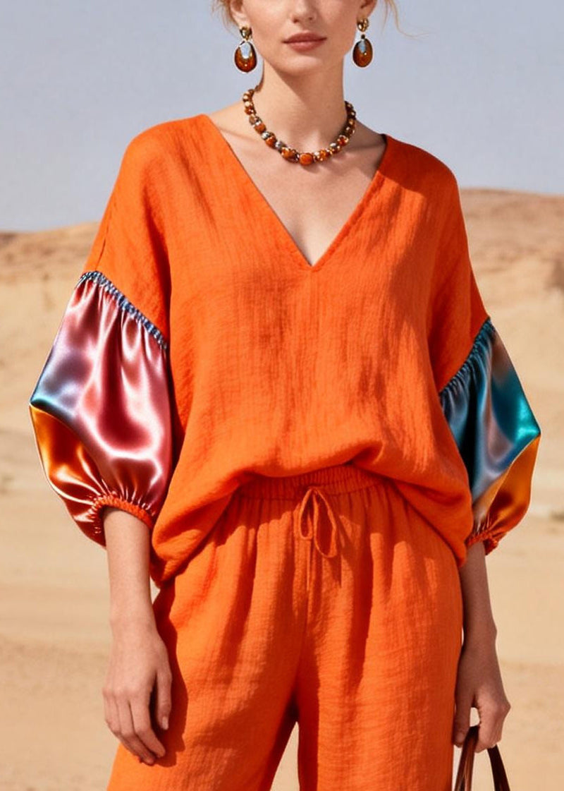 Orange V Neck Patchwork Linen 2 Piece Outfit Lantern Sleeve